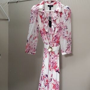 Christian Siriano NWT White Mx Dress with Pink Floral Print and Gold Belt Accent